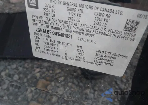 2015 Chevrolet Equinox 1Lt из США, поврежденный, VIN 2GNALBEK4F6401821